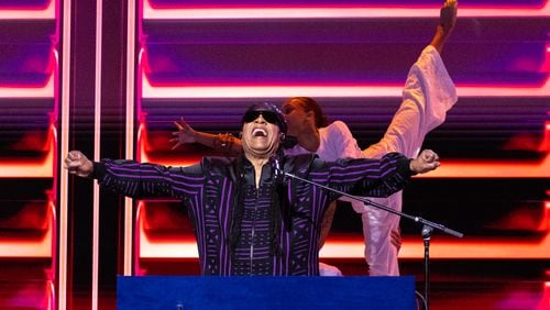 Stevie Wonder performs on the third day of the Democratic National Convention at the United Center in Chicago on Wednesday, August 21, 2024. (Arvin Temkar / AJC)
