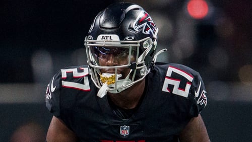 Atlanta Falcons safety Richie Grant (27) lines up during the first half of a preseason NFL football game against the Tennessee Titans, Friday, Aug. 13, 2021, in Atlanta. The Tennessee Titans won 23-3. (AP Photo/Danny Karnik)