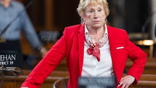 FILE - State Sen. Lou Ann Linehan works on the legislative floor of the Nebraska State Capitol during the 108th Legislature 1st Special Session, Aug. 8, 2024, in Lincoln, Neb. (AP Photo/Rebecca S. Gratz, File)