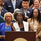 Rep. Jasmine Clark, D–Lilburn, speaks at the Georgia State Capitol during a press conference on Wednesday, July 24, 2024, to respond to the state's decision to defund the AP African American Studies course. (Natrice Miller/ AJC)