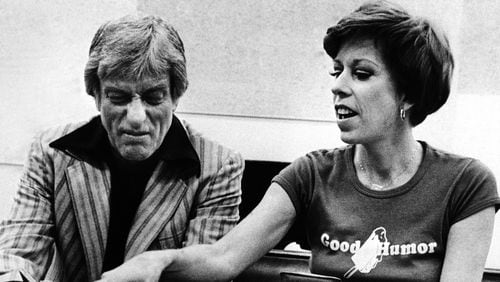 Dick Van Dyke, left, and Carol Burnett rehearse a scene in Los Angeles for "Same Time, Next Year," a play which will bring them together on a Hollywood theater stage, April 23, 1977. (AP Photo)