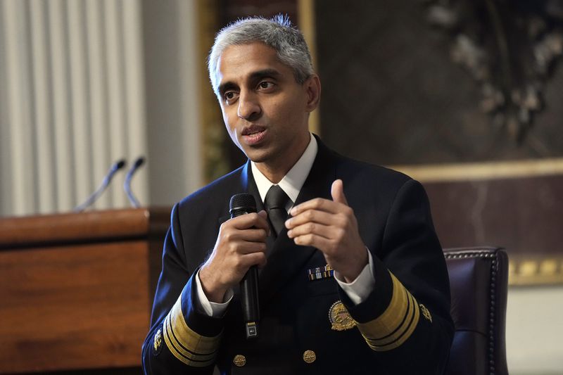 U.S. Surgeon General Dr. Vivek Murthy speaks during an event on the White House complex in Washington, D.C. on April 23, 2024. Murthy is asking Congress to require warning labels on social media platforms that are similar to those that appear on cigarette boxes. (AP Photo/Susan Walsh, File)