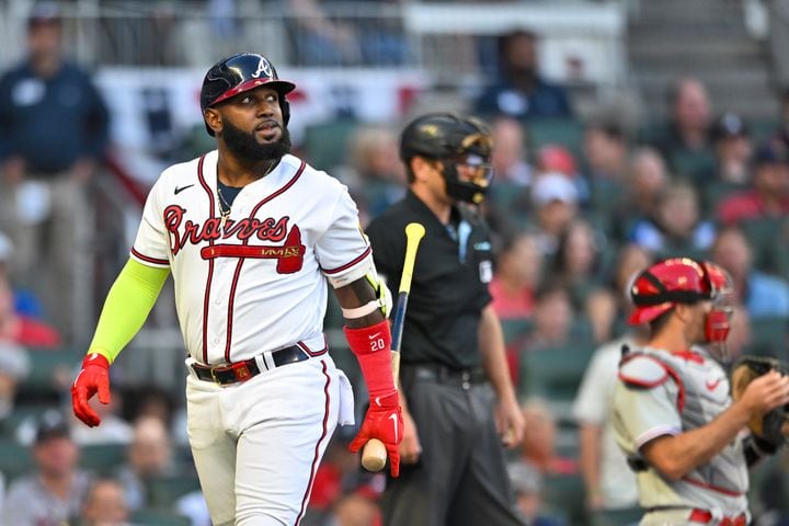 Atlanta Braves designated hitter Marcell Ozuna strikes out against the Philadelphia Phillies during the second inning of the NLDS Game 2 In Atlanta on Monday, Oct. 9, 2023.   (Hyosub Shin / Hyosub.Shin@ajc.com)