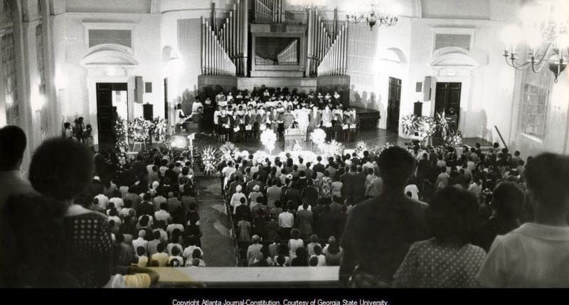 The Sisters Chapel on the campus of Spelman College held a memorial service for Alberta King on July 2, 1974. The funeral service was held the next day at Ebenezer Baptist Church. (Dwight Ross Jr./AJC Archive at GSU Library AJCP443-116k)
