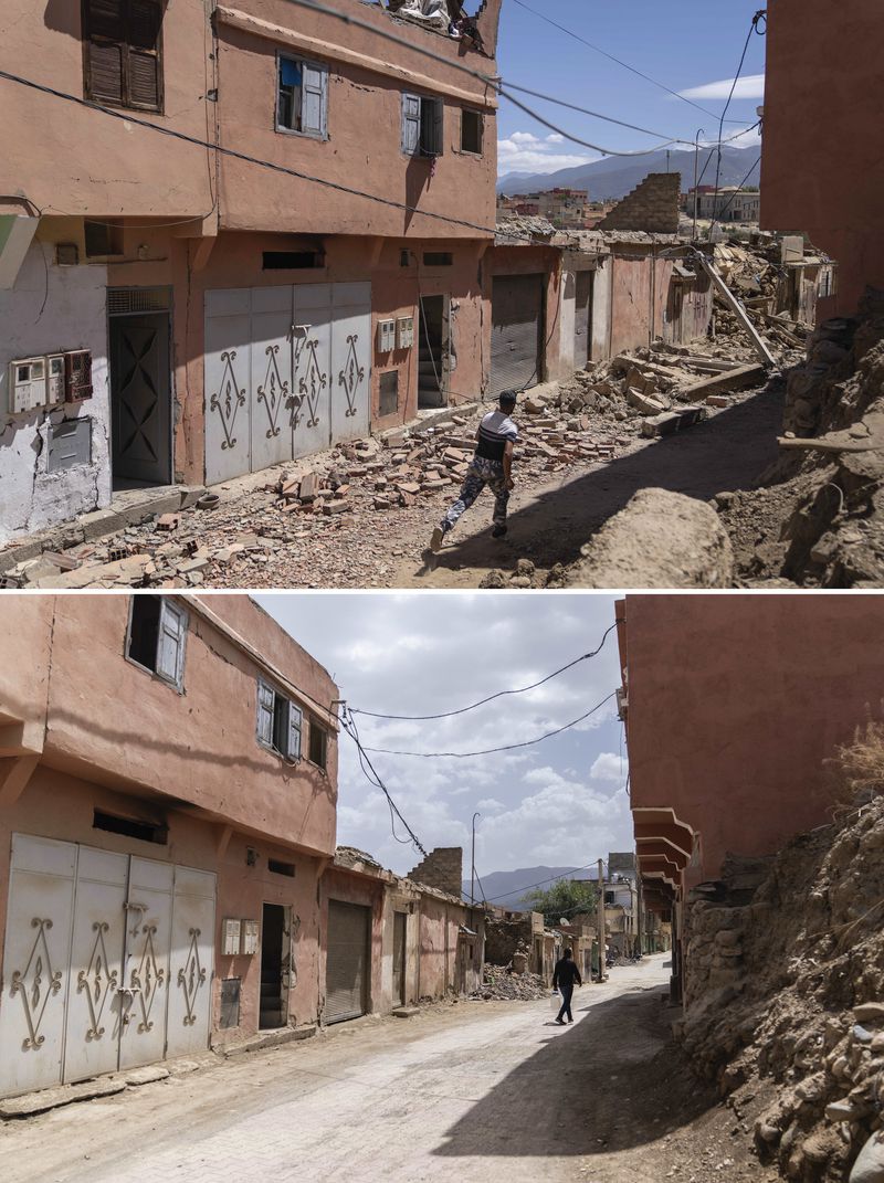 In this combination of photos, a man runs to his home which was damaged by an earthquake in the town of Amizmiz, Morocco, near Marrakech, Sept. 10, 2023, and the same road on Sept. 4, 2024. (AP Photo/Mosa'ab Elshamy)