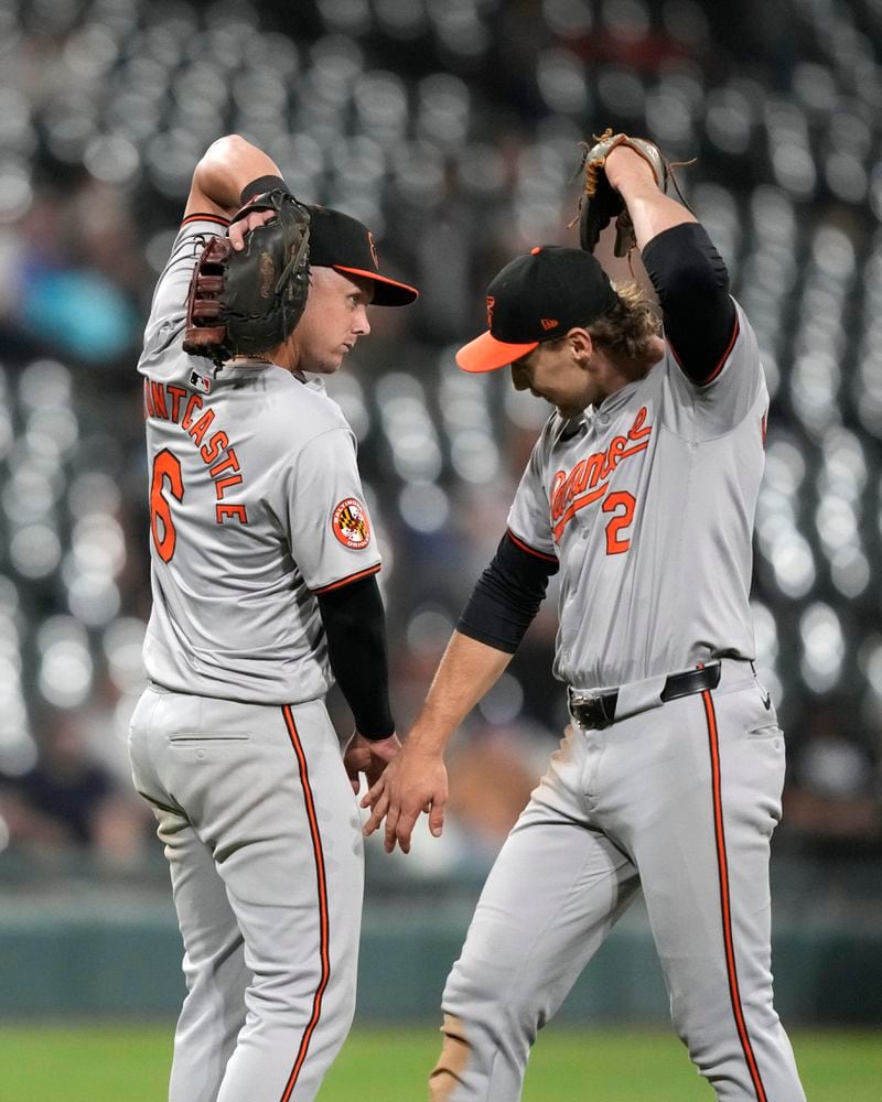 Baltimore Orioles' Ryan Mountcastle, left, and Gunnar Henderson celebrate after their win over the Chicago White Sox after Henderson ended the baseball game with an unassisted double play Thursday, May 23, 2024, in Chicago. (AP Photo/Charles Rex Arbogast)
