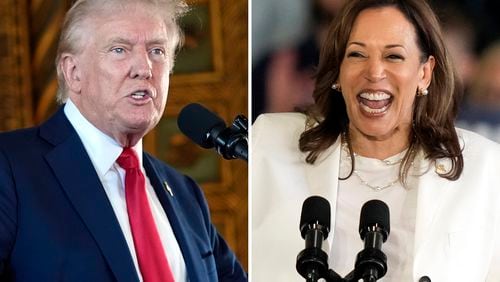 Republican presidential nominee former President Donald Trump speaks to reporters during a news conference, Aug. 8, 2024, in Palm Beach, Fla., left, and Democratic presidential nominee Vice President Kamala Harris speaks at a campaign rally, Aug. 7, 2024, in Romulus, Mich. (AP Photo)