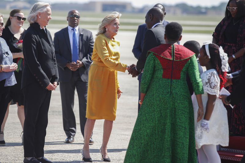 First lady Jill Biden, center, greets Kenya's President William Ruto and first lady Rachel Ruto, center right, as they arrive at Andrews Air Force Base, Md., Wednesday, May 22, 2024, for a State Visit to the United States. (AP Photo/Luis M. Alvarez)