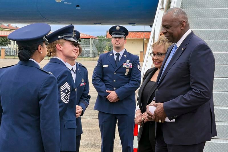 Defense Secretary Lloyd Austin and his wife Charlene, arrive at Maxwell Air Force Base in Alabama, Friday, Sept. 13, 2024. (AP Photo/Tara Copp)