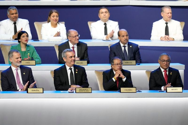 World leaders attend new Panamanian President Jose Raul Mulino's swearing-in ceremony at the Atlapa Convention Centre in Panama City, Monday, July 1, 2024. (AP Photo/Matias Delacroix)