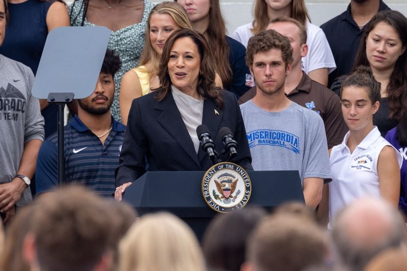 Vice President Kamala Harris delivers remarks Monday at a White House event celebrating NCAA championship teams.
