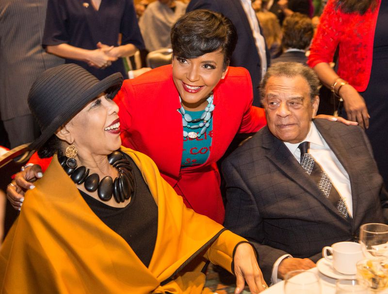 Keisha Lance Bottoms, Mayor of Atlanta (center) poses with Caroline Young and Ambassador Andrew Young at the State of the City Business Breakfast at the Georgia World Congress Center in Atlanta on Tuesday. (Photo by Phil Skinner)