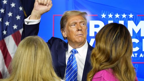 Republican presidential nominee former President Donald Trump gestures at a campaign event at Discovery World, Friday, Oct. 1, 2024, in Milwaukee. (AP Photo/Alex Brandon)