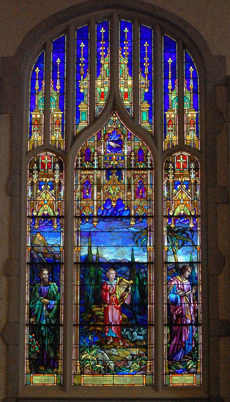 The "Laws, Psalms & Prophets" window at First Presbyterian Church of Atlanta. This window was executed by D'Ascenzo and depicts characters from the Old Testament. From left to right, that's Moses, David with his lyre, and the prophet Isaiah.