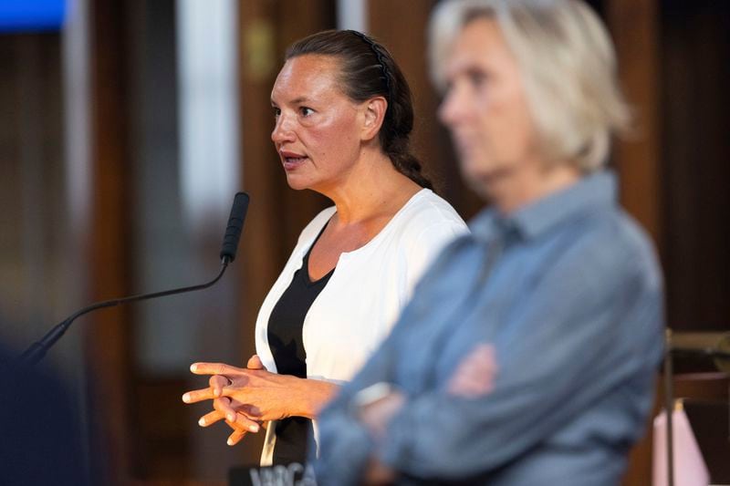 State Sen. Danielle Conrad speaks on the legislative floor of the Nebraska State Capitol, Aug. 8, 2024, in Lincoln, Neb. (AP Photo/Rebecca S. Gratz)