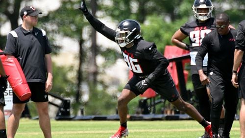 Atlanta Falcons defensive lineman Zach Harrison (96) runs a drill during Day 2 of Falcons rookie minicamp at Atlanta Falcons Training Facility, Saturday, May 13, 2023, in Flowery Branch. (Hyosub Shin / Hyosub.Shin@ajc.com)