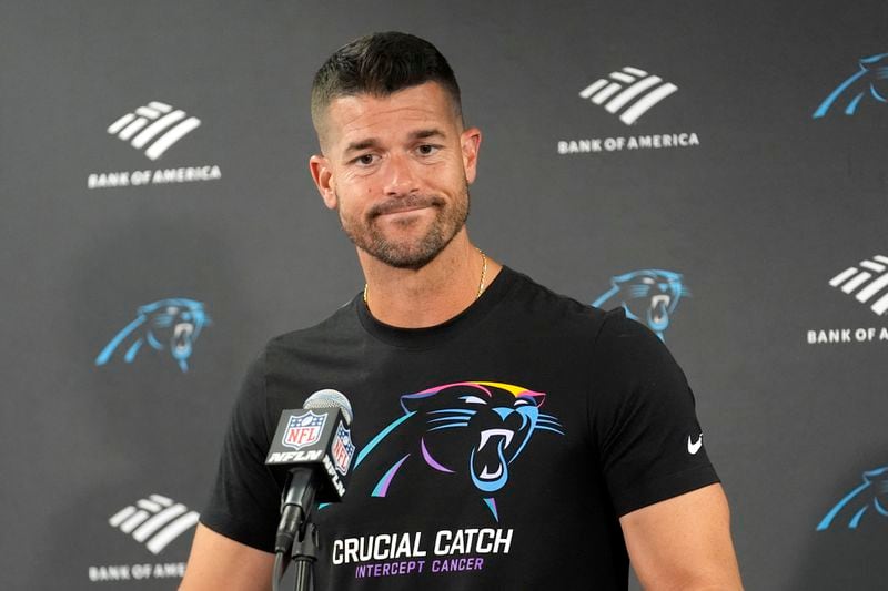 Carolina Panthers head coach Dave Canales talks with reporters after his team's 36-10 loss to the Chicago Bears in an NFL football game Sunday, Oct. 6, 2024, in Chicago. (AP Photo/Charles Rex Arbogast)