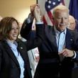 FILE - Democratic presidential nominee Vice President Kamala Harris, left, and President Joe Biden attend a campaign event at the IBEW Local Union #5 union hall in Pittsburgh, on Labor Day, Sept. 2, 2024. (AP Photo/Jacquelyn Martin, File)