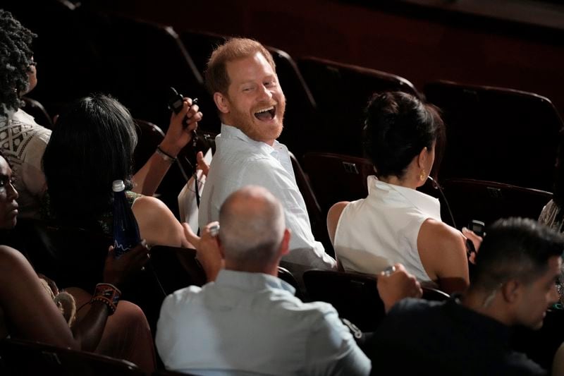 Prince Harry smiles at a forum on Afro women and power in Cali, Colombia, Sunday, Aug. 18, 2024. (AP Photo/Ivan Valencia)