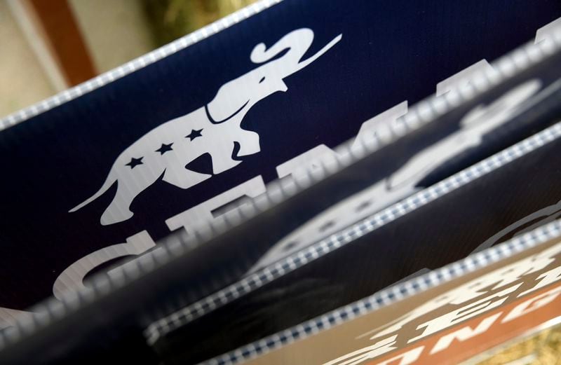 Republican political signs are displayed at the Niobrara County Fair in Lusk, Wyo., on July 31, 2024. (AP Photo/Thomas Peipert)