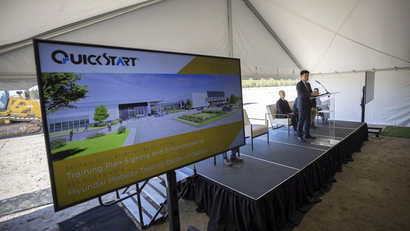 ELLABELL, GA - FEBRUARY 08, 2024: Hyundai Motor Group Metaplant America President/CEO Oscar Kwon speaks during a ground breaking ceremony for the new Georgia Quick Start Training Center near the plant, Thursday, Feb. 8, 2024, Ellabell, Ga. (AJC Photo/Stephen B. Morton)