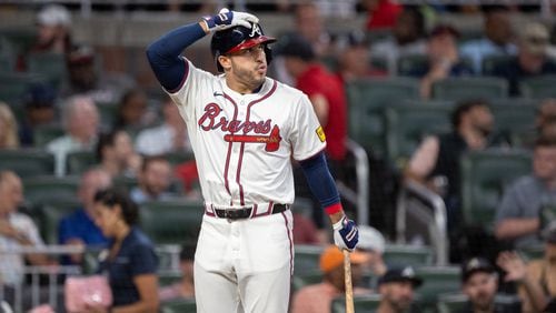 Atlanta Braves outfielder Ramón Laureano (18) reacts while at bat during the Braves versus Colorado Rockies game at Truist Park in Atlanta on Thursday, September 5, 2024. (Arvin Temkar / AJC)