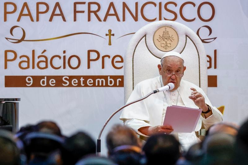 Pope Francis delivers his address during a meeting with East Timor authorities, civil society, and the diplomatic corps at the Presidential Palace in Dili, East Timor, Monday, Sept. 9, 2024. (Willy Kurniawan/Pool Photo via AP)