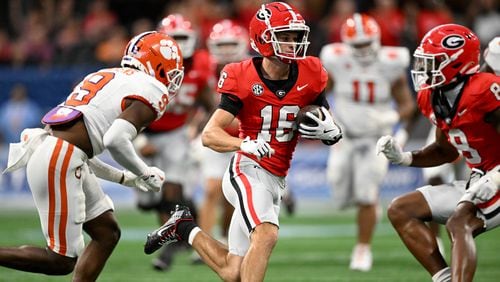 Georgia wide receiver London Humphreys (16) makes a move after a catch during the second half in an NCAA football game at Mercedes-Benz Stadium, Saturday, August 31, 2024, in Atlanta. Georgia won 34-3 over Clemson. (Hyosub Shin / AJC)