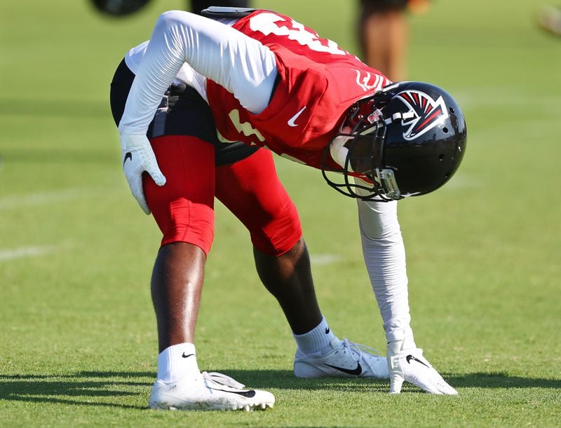 July 25, 2019 Flowery Branch: Atlanta Falcons wide receiver Calvin Ridley has a tight hamstring during training camp and stopped running plays as a precaution on Thursday, July 25, 2019, in Flowery Branch. He wore his equipment, but didn’t practice on Monday, July 29, 2019   Curtis Compton/ccompton@ajc.com