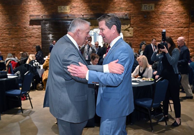 January 29, 2020 Atlanta - Georgia Speaker of the House David Ralston (left) and Governor Brian Kemp greet during the 7th Annual Legislative Lunch at Georgia Freight Depot in Atlanta on Wednesday, January 29, 2020. (Hyosub Shin / Hyosub.Shin@ajc.com)