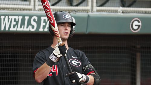 Georgia third baseman Charlie Condon (24) prepares for his first at bat during the first inning of their game against Vanderbilt at Foley Field, Friday, May 3, 2024, in Athens, Ga. Condon hit his 31st and NCAA leading home run Friday night. No. 19-ranked Georgia defeated No. 13 Vanderbilt 10-0. (Jason Getz / AJC)
