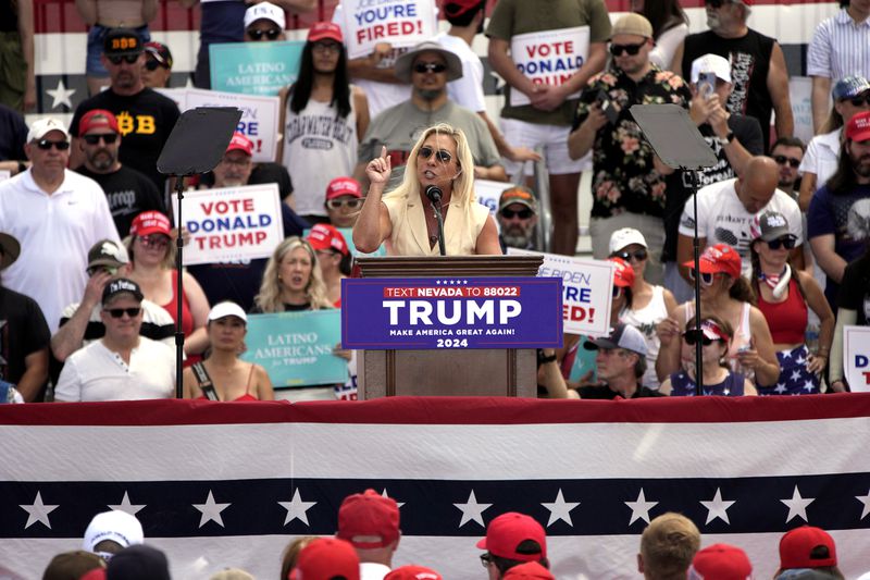 U.S. Rep. Marjorie Taylor Greene, R-Rome, speaks at a rally for former President Donald Trump in Las Vegas on Sunday.