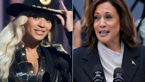 This combination photo shows Beyonce at the iHeartRadio Music Awards in Los Angeles on April 1, 2024, left, and Vice President Kamala Harris speaking from the South Lawn of the White House in Washington on July 22, 2024. (AP Photo)