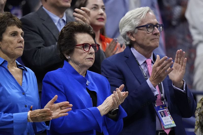 Billie Jean King arrives for the women's singles final of the U.S. Open tennis championships between Aryna Sabalenka, of Belarus, and Jessica Pegula, of the United States, Saturday, Sept. 7, 2024, in New York. (AP Photo/Frank Franklin II)