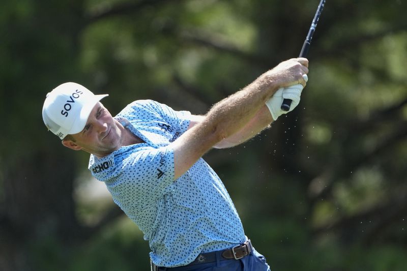 Denny McCarthy hits from the 17th tee during the second round of the St. Jude Championship golf tournament Friday, Aug. 16, 2024, in Memphis, Tenn. (AP Photo/Mark Humphrey)