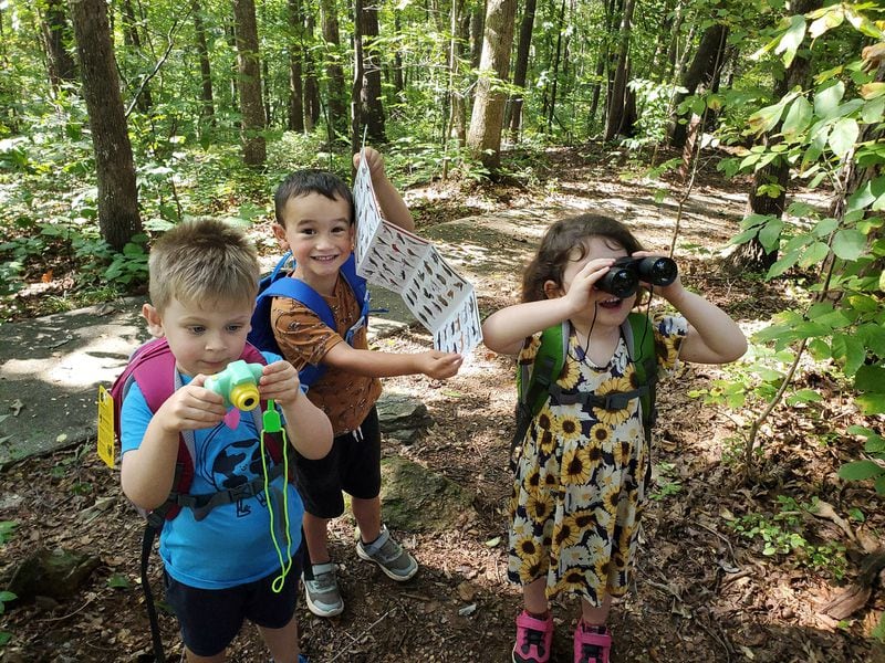 Youngsters, with their Discovery Backpacks, hit the trails to birdwatch at Elachee Nature Science Center in Gainesville. 
(Courtesy of the Elachee Nature Science Center)