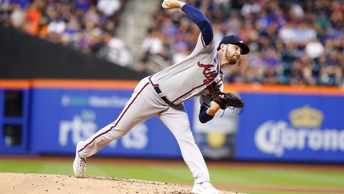 Atlanta Braves' Ian Anderson pitches during the first inning of a baseball game against the New York Mets Friday, Aug. 5, 2022, in New York. (AP Photo/Frank Franklin II)