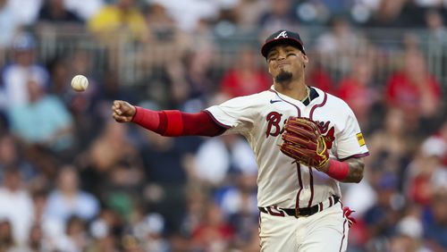 Atlanta Braves shortstop Orlando Arcia throws to first base for an out of a Detroit Tigers batter during the fifth inning at Truist Park, Monday, June 17, 2024, in Atlanta. The Braves won 2-1. (Jason Getz / AJC)
