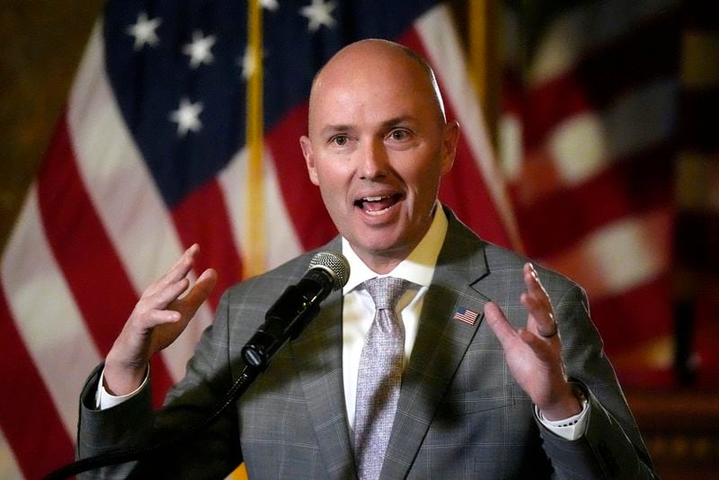 FILE - Utah Gov. Spencer Cox speaks during a news briefing during the final day of the Utah Legislature, March 1, 2024, in Salt Lake City. (AP Photo/Rick Bowmer, File)