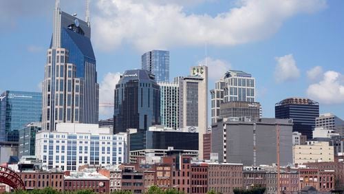 FILE - The Nashville, Tenn., skyline is seen on July 11, 2022. For weeks, neo-Nazis have made repeat appearances in Nashville, livestreaming antisemitic antics for shock value. (AP Photo/Mark Humphrey, File)