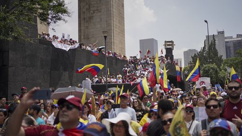 Venezuelan nationals protest against the official results that declared President Nicolas Maduro the winner of the July presidential election, in Mexico City, Saturday, Aug. 17, 2024. (AP Photo/Aurea Del Rosario)