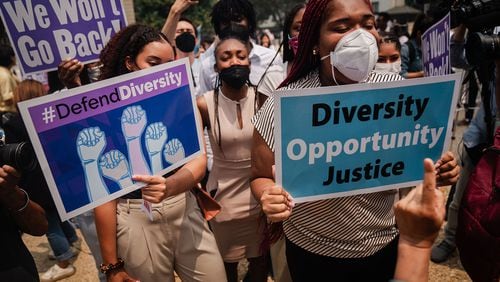 Affirmative action supporters and counterprotesters shout at one another outside the U.S. Supreme Court on Thursday, June 29, 2023, in Washington, D.C. (Kent Nishimura/Los Angeles Times/TNS)
