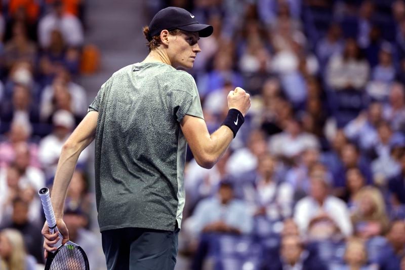 Jannik Sinner, of Italy, pumps his fist after winning a point against Daniil Medvedev, of Russia, during the quarterfinals of the U.S. Open tennis championships, Wednesday, Sept. 4, 2024, in New York. (AP Photo/Adam Hunger)