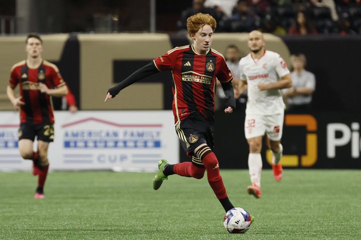 Atlanta United midfielder Alan Carleton (41) kicks the ball during the second half against Liga MX Toluca of an exhibition match on Wednesday, Feb 15, 2023, in Atlanta.
 Miguel Martinez / miguel.martinezjimenez@ajc.com