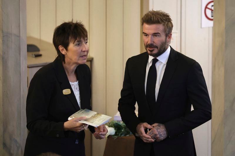 David Beckham arrives to attend the funeral service of Swedish soccer manager Sven-Goran Eriksson at Fryksände church in Torsby, Sweden, Friday Sept. 13, 2024. (Adam Ihse/TT News Agency via AP)