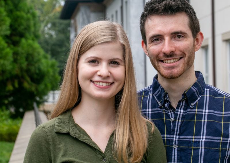 Outside of Emory University's Mathematics and Science Center, graduate students James Finch and Sarah Finch, a married couple, and professor Jinho Choi participated in Amazon competions and has taken the chat bot project further than the Amazon parameters  and continue to push technology while studying at Emory University on Thursday, Sept. 16, 2021. (Jenni Girtman for The Atlanta Journal-Constition)