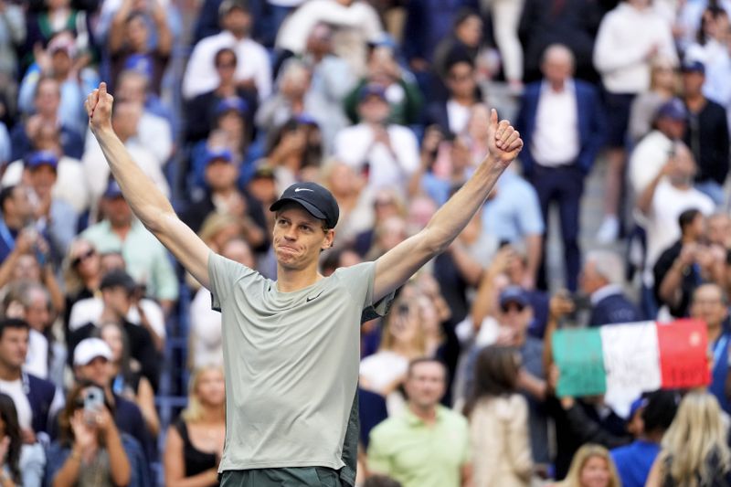 Jannik Sinner, of Italy, reacts after defeating Taylor Fritz, of the United States, to win the men's singles final of the U.S. Open tennis championships, Sunday, Sept. 8, 2024, in New York. (AP Photo/Kirsty Wigglesworth)