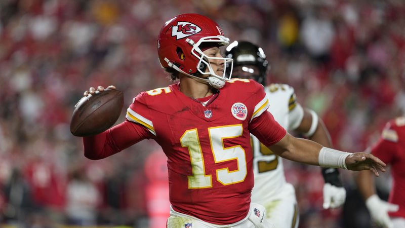 Kansas City Chiefs quarterback Patrick Mahomes throws during the first half of an NFL football game against the New Orleans Saints Monday, Oct. 7, 2024, in Kansas City, Mo. (AP Photo/Ed Zurga)