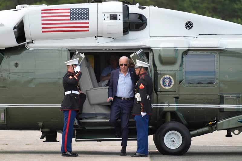 President Joe Biden arrives on Marine One at East Hampton Airport, Saturday, June 29, 2024, in East Hampton, N.Y. (AP Photo/Evan Vucci)