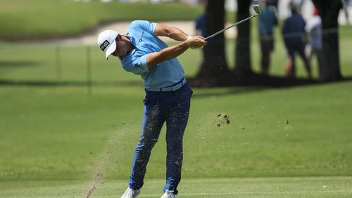 Viktor Hovland hits his second shot on the fourth fairway during the second round of the Tour Championship at East Lake Golf Club, Friday, August 25, 2023, in Atlanta. (Jason Getz / Jason.Getz@ajc.com)